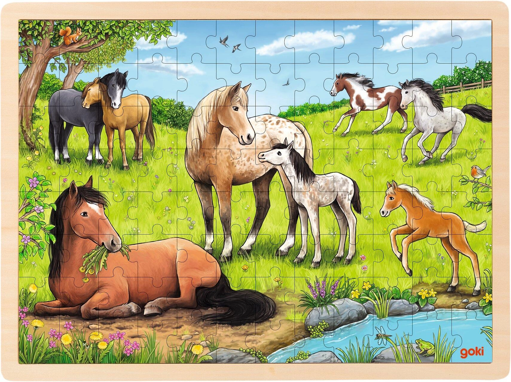 Puzzle na desce - Velké A3, Koně na louce, 96 dílků (Goki)