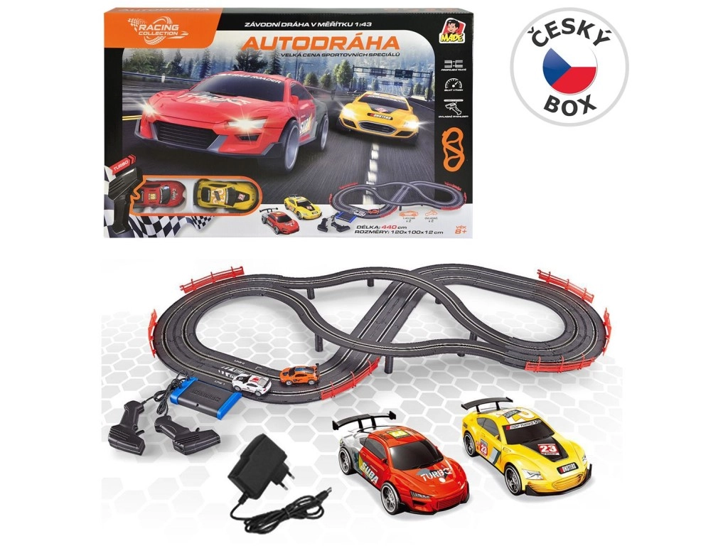 Autodráha, 2 auta, 2 ovladače, s chargerem, délka trati 440cm,