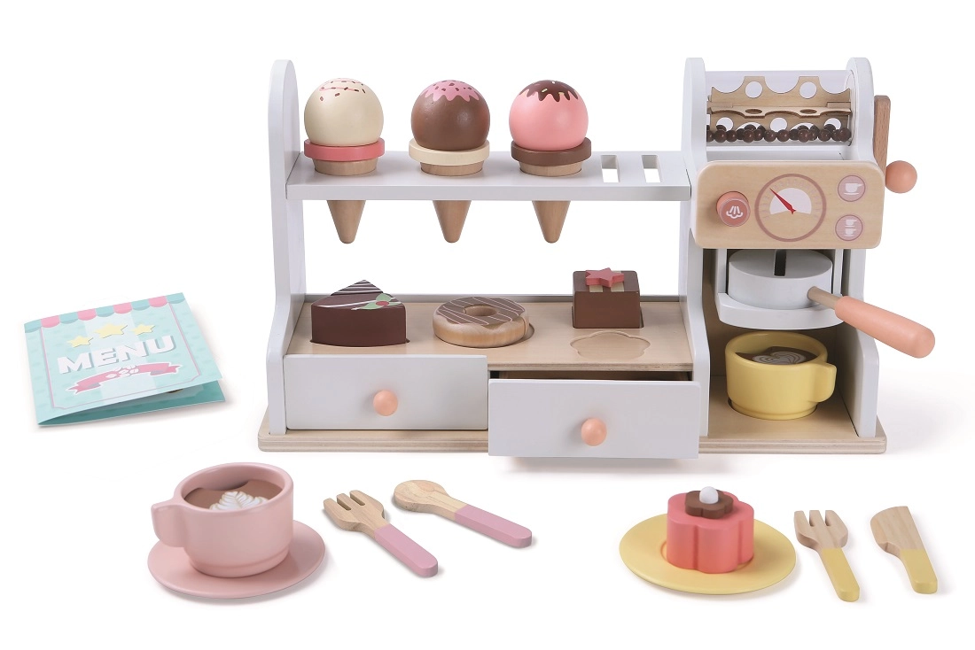 Dřevěná cukrárna a kavárna 2 v 1 – 46dílná sada pro dětskou hru na prodavače a baristu