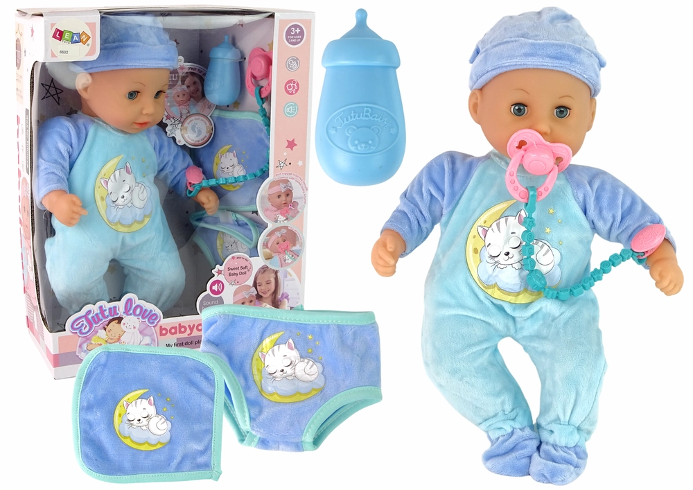 LEAN Toys Baby Doll Sound Dummy Bib Blue Cat Pyžamo