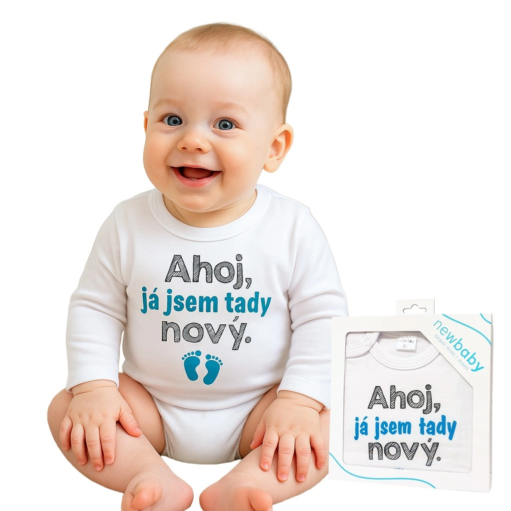 Kojenecké body s potiskem NEW BABY Ahoj, já jsem tady nový – dárkové balení