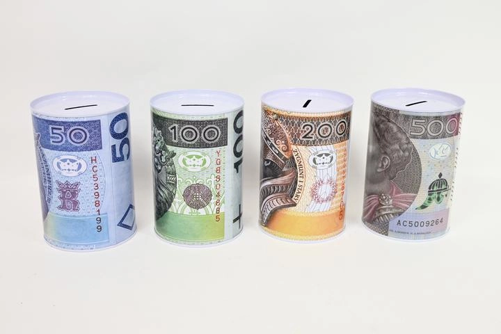 Metalová pokladnička s motivem bankovek