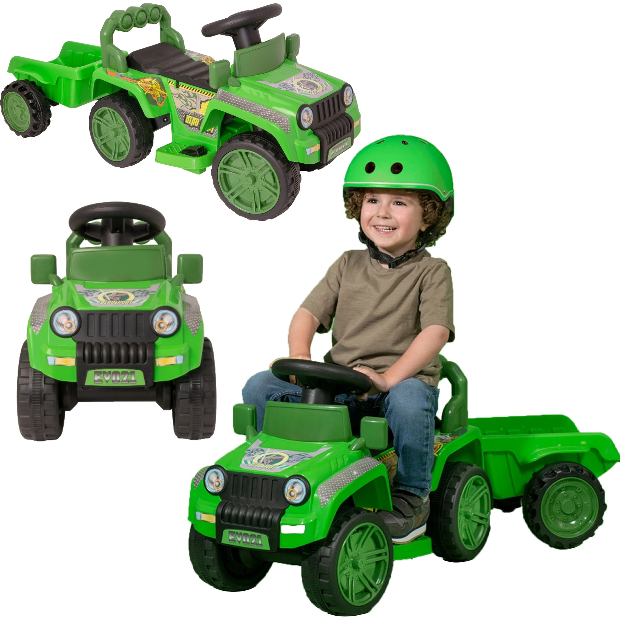 EVO dětské odrážedlo s odnímatelným přívěsem Jurassic zelené terénní vozítko