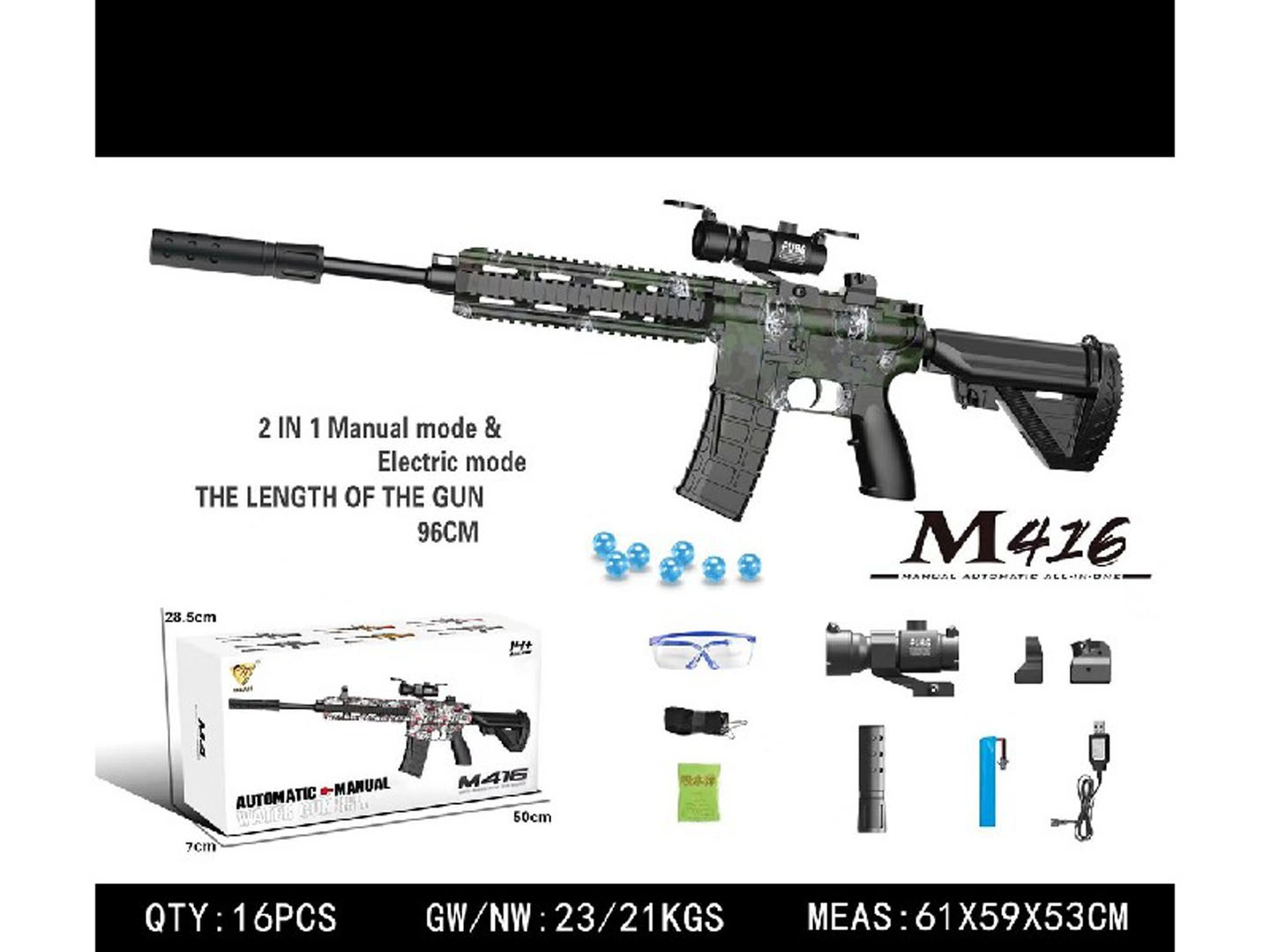 Gelová puška M416 na vodní kuličky s příslušenstvím