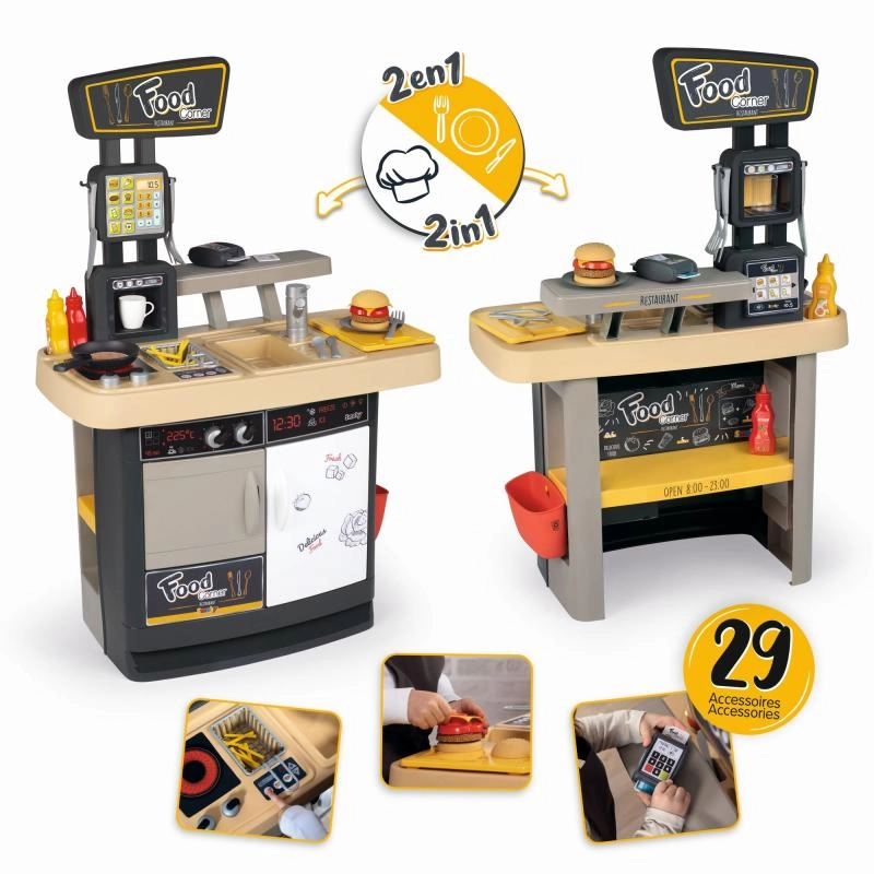 Smoby Food Corner oboustranná restaurace s kuchyňkou s terminálem a dávkovačem nápojů 29 doplňků