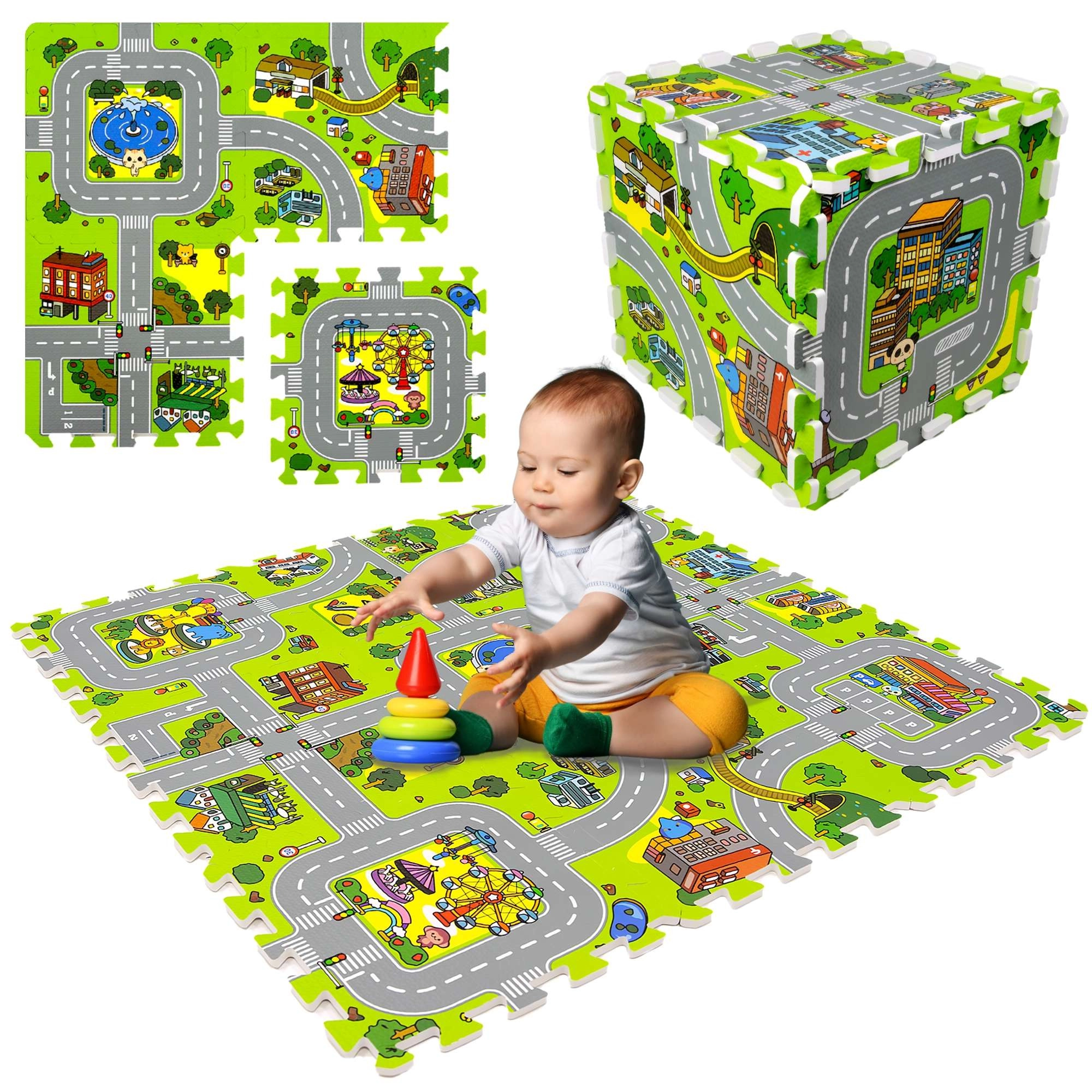 Pěnová podložka pro děti 90 × 90 cm – město a silnice, 9 dílů