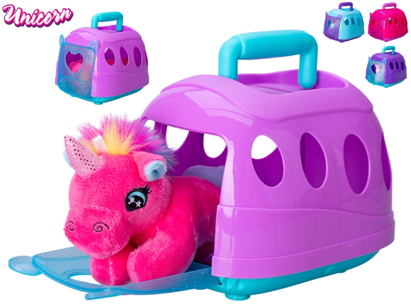 Plyšový jednorožec v přepravce