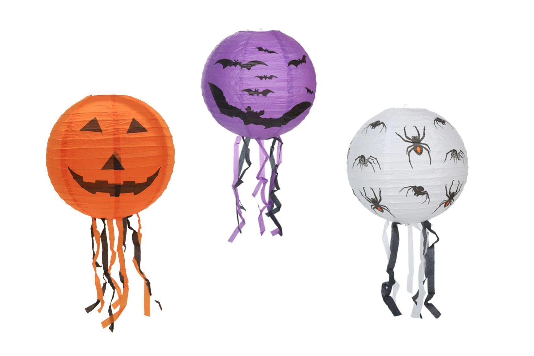 Papírový halloweenský lampion koule se střapci 30 cm, 3 motivy