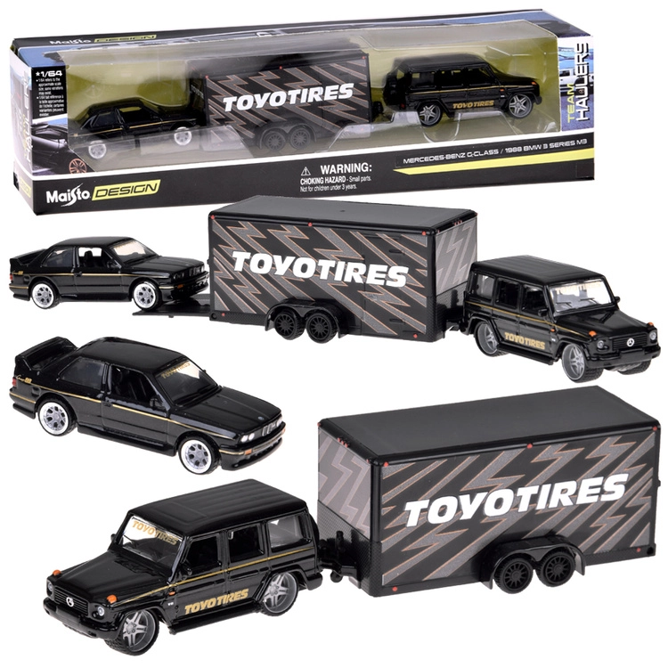 maisto sada kovových modelů 1:64 mercedes-benz g (1988) a bmw m3 e30 s přívěsem