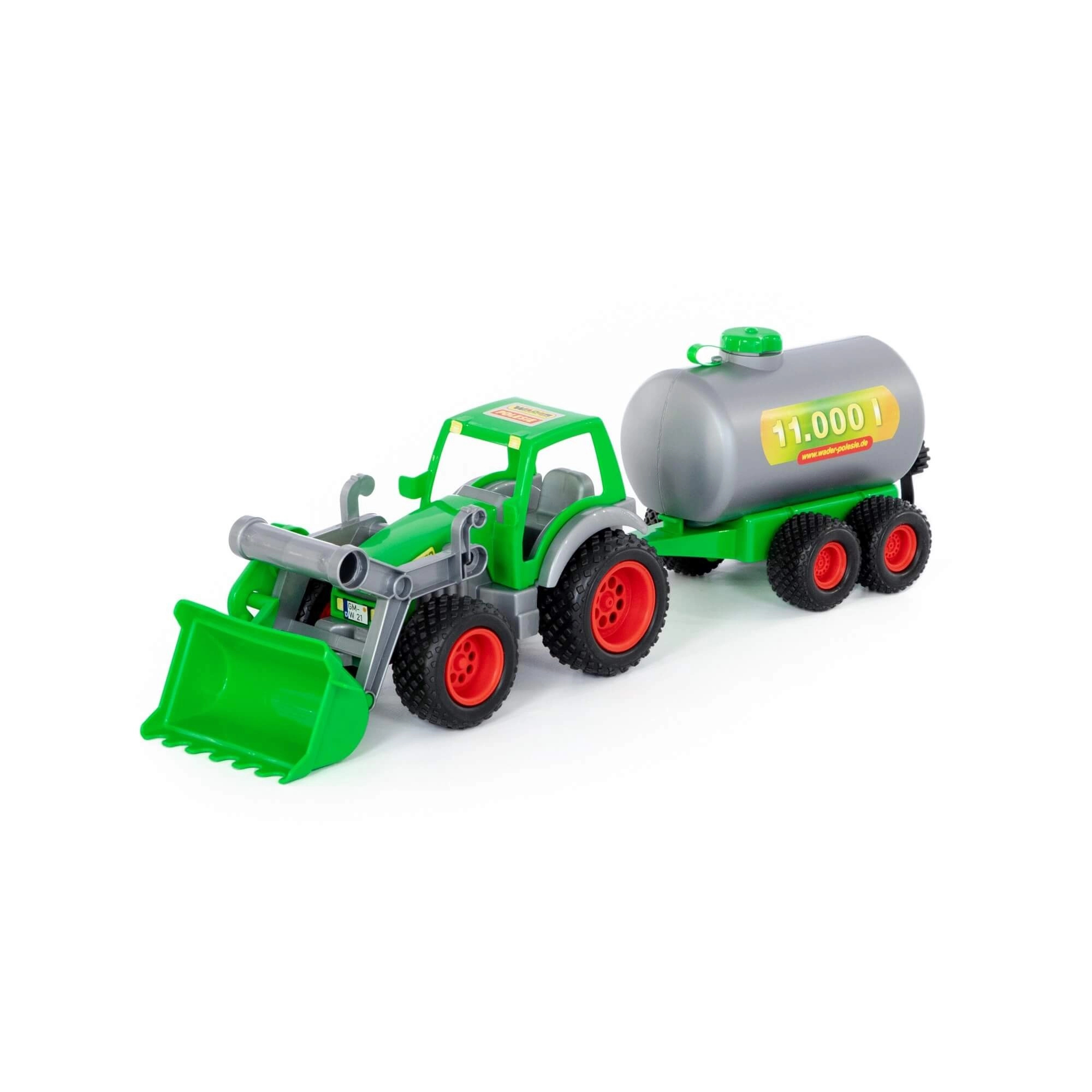 Farmářský traktor s čelním nakladačem a cisternou