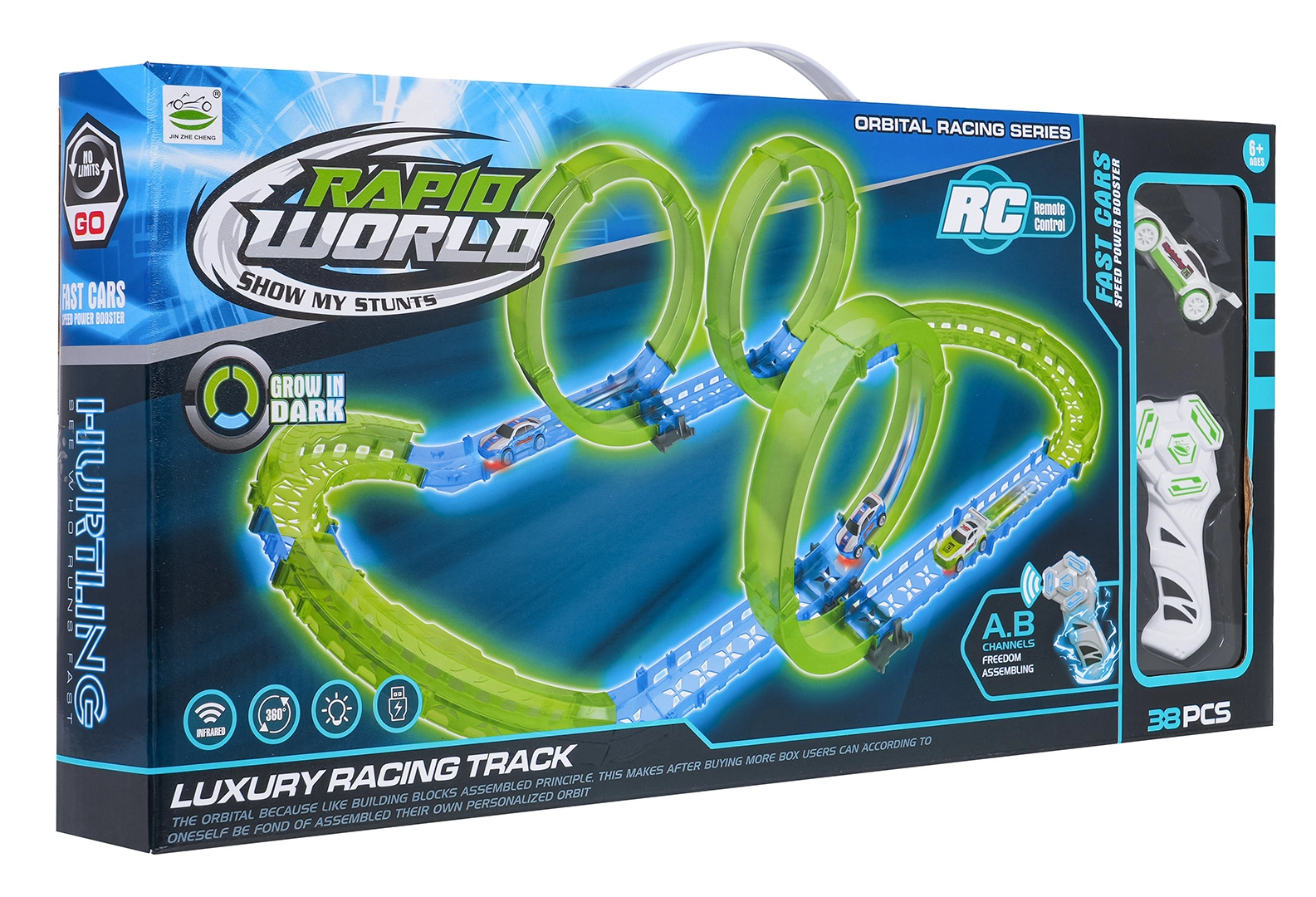 Svítící závodní dráha s RC autíčkem, 38 dílů