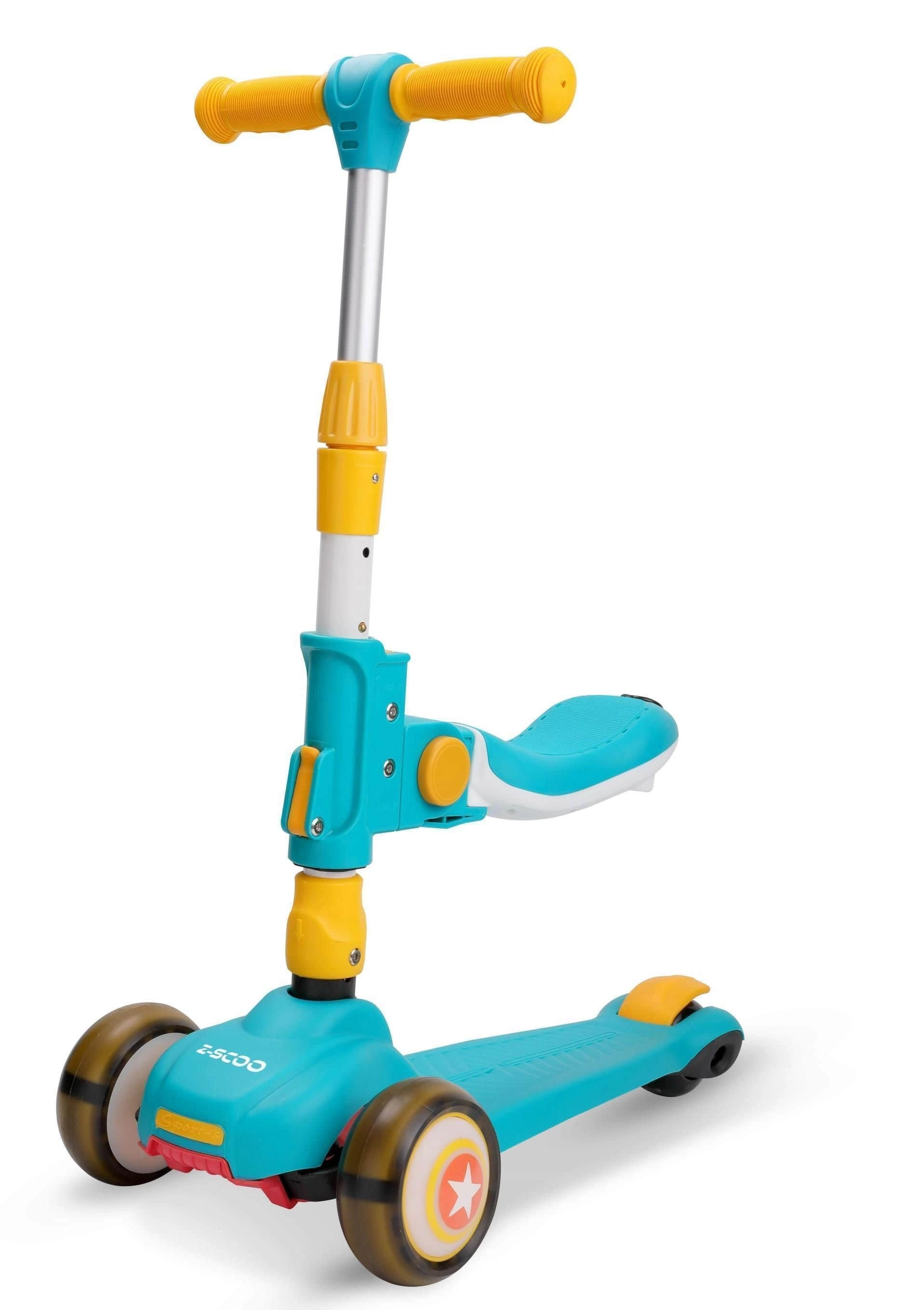 Dětská koloběžka se sedátkem, modro‑žlutá, svítící kolečka