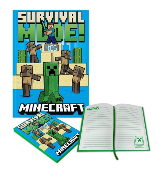 CurePink Prémiový blok A5 s LED hodinkami Minecraft Režim přežití A5 15 x 21 x 2 cm MIN4331