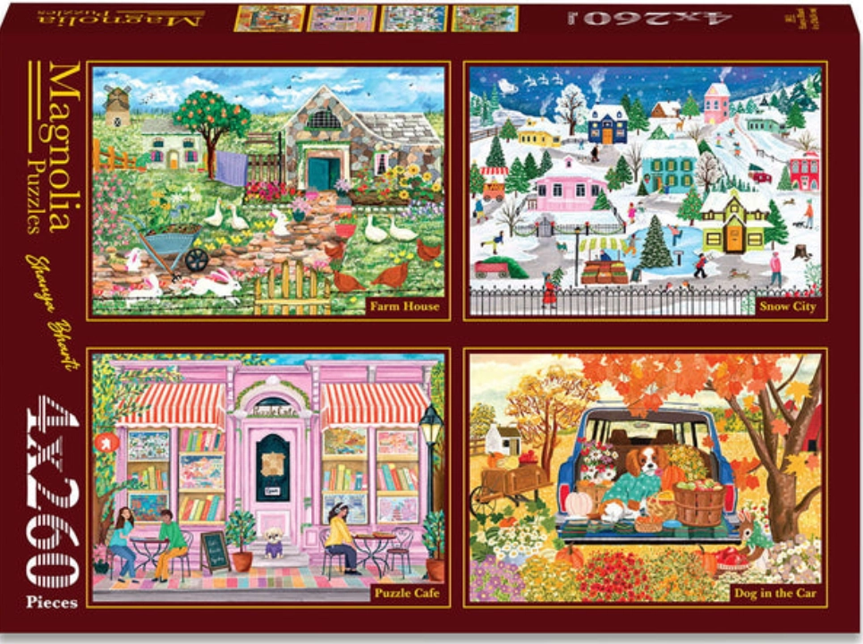 Magnolia puzzle venkovská usedlost, zasněžené město, kouzelná kavárna a psí spolujezdec (4x260 dílků)