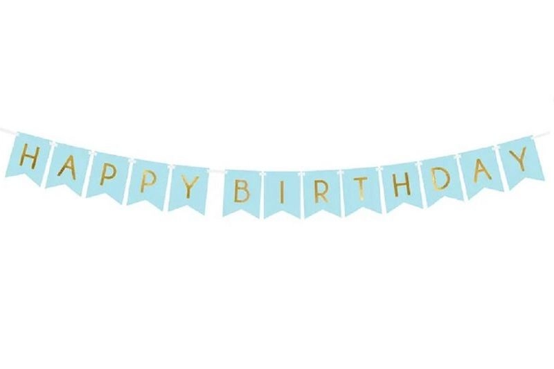 PartyDeco narozeninový baner Happy Birthday světle modrý se zlatým nápisem 15 × 175 cm