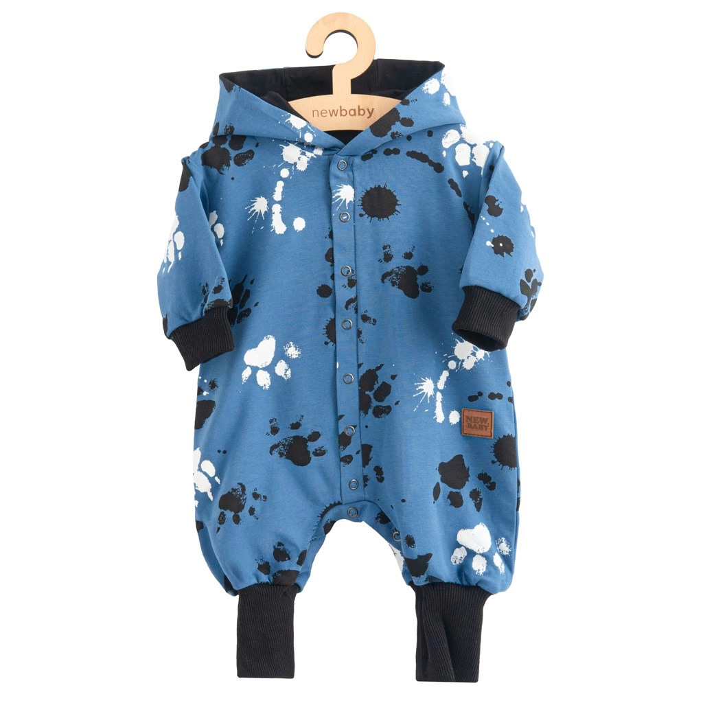 Kojenecký bavlněný overal s kapucí a oušky NEW BABY, modrý s tlapkami