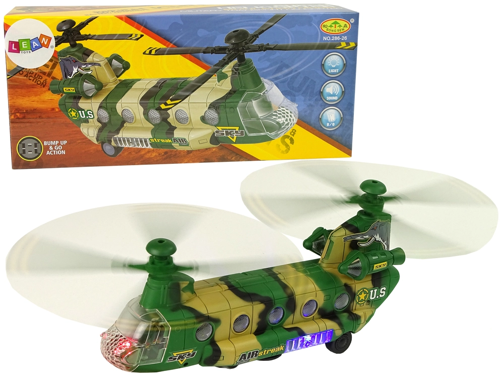 Levně LEANToys Import Vojenská helikoptéra Obrovská křídla Světla zni Moro