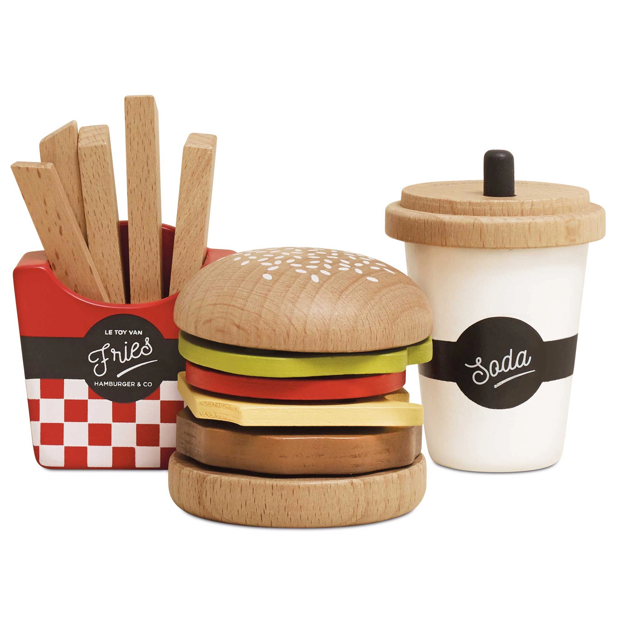 Dřevěný herní set 3v1 hamburger, hranolky a nápoj Le Toy Van