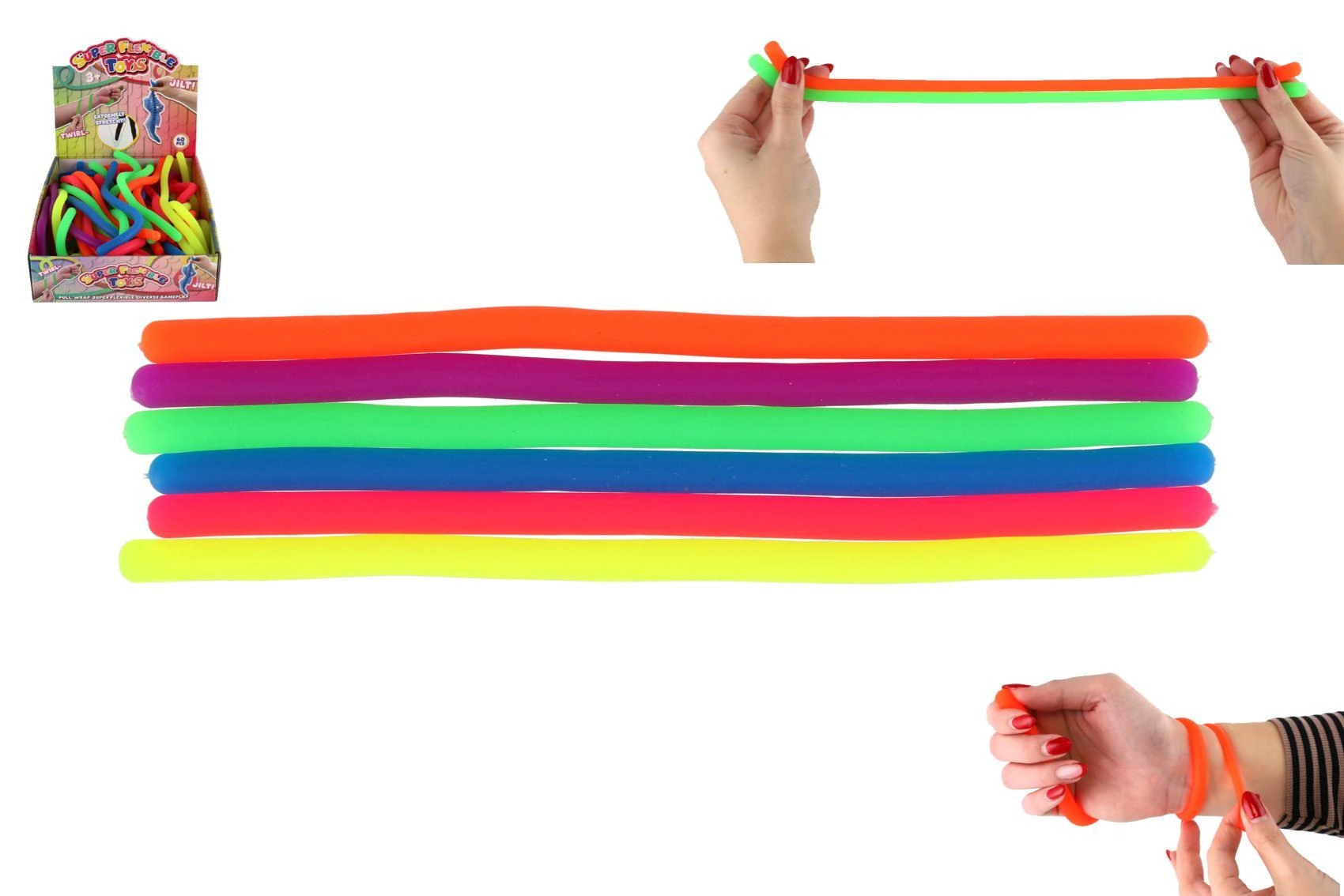Antistresová natahovací silikonová hračka 27 cm, 6 barev, 60 ks v boxu