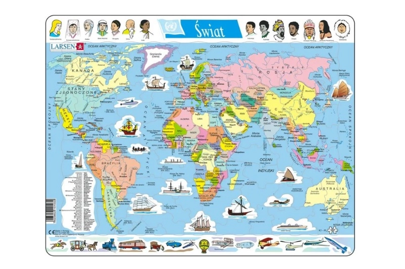 Larsen Svět – politická mapa (rámové vzdělávací puzzle, polská verze)