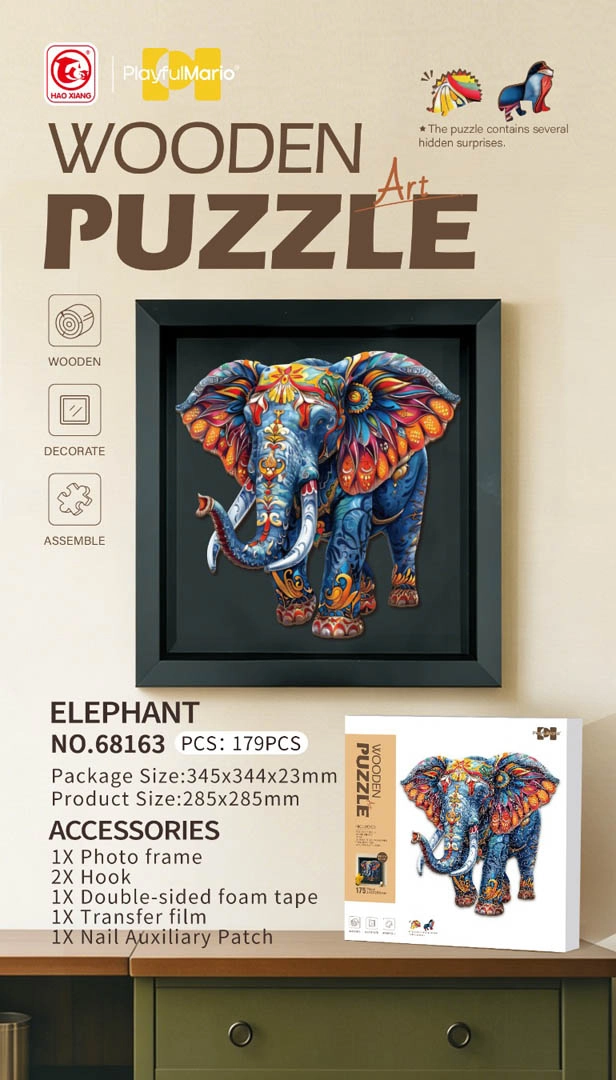 Dřevěné puzzle slon 179 dílků s rámečkem