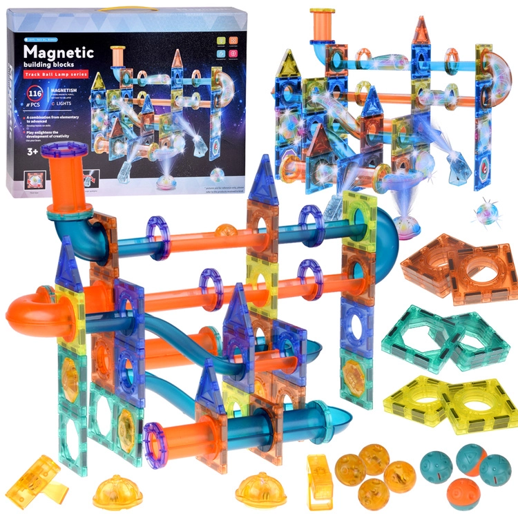 Svítící magnetická stavebnice 3D – magnetický kuličkový dráhový set 116 dílů