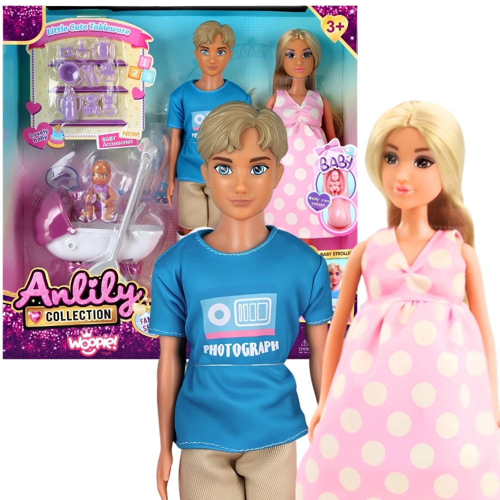 Woopie rodinný set loutek Lily – těhotná maminka, tatínek, miminko a kočárek s doplňky