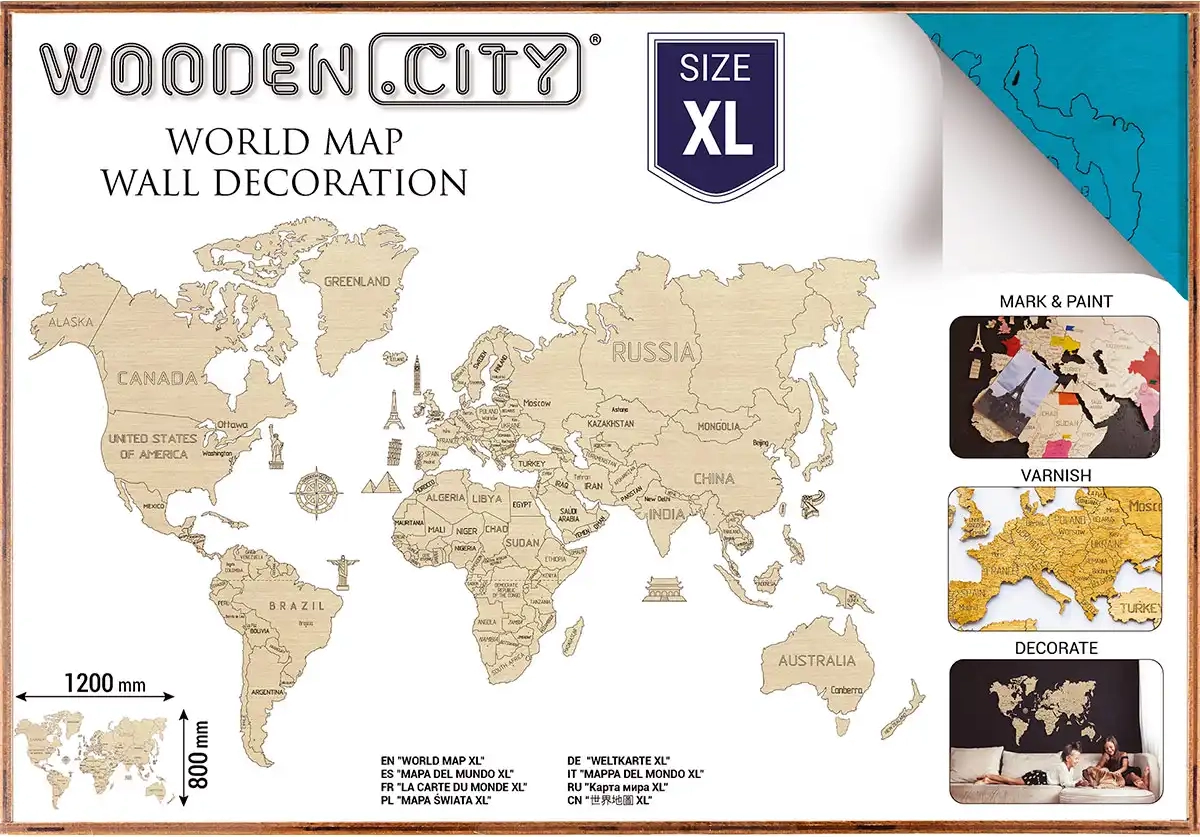 WOODEN CITY Dřevěná mapa světa velikost XL (120x80cm) modrá