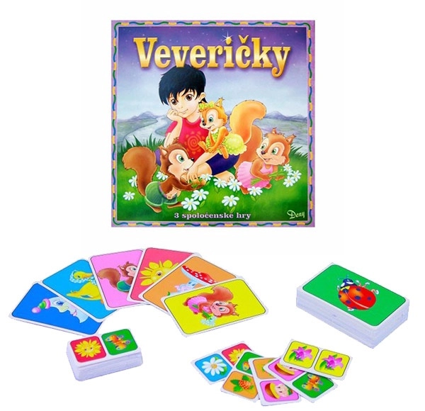 Hra Veveričky – pexeso, černý Petr a domino (pro 2–4 hráče)