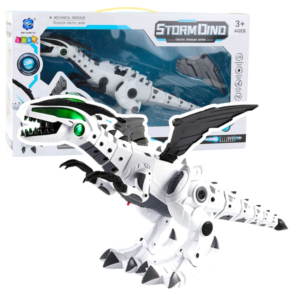 Robotický dinosaur s pohyblivými křídly, světly a zvuky – bílý