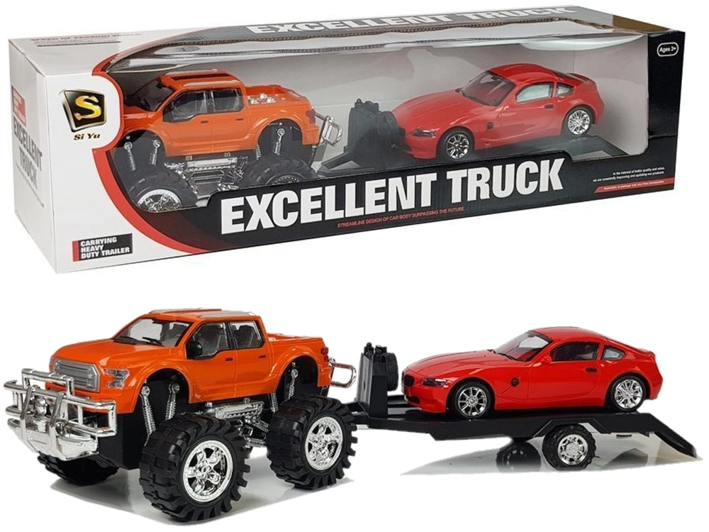 Lean Toys Sada vozidel Oranžový Monster Truck a Červený BMW na přívěsu 58 cm