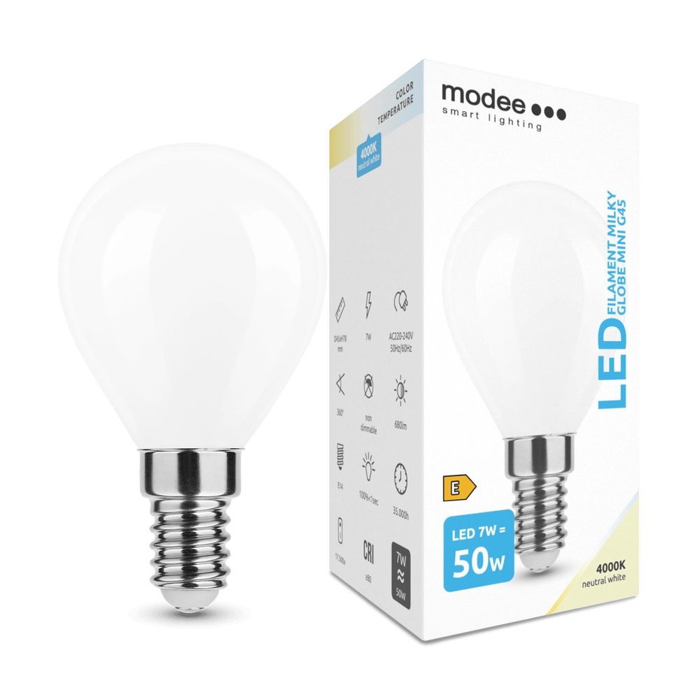 Levně LED žárovka Modee Smart Lighting Filament Milky Globe Mini E14 7 W neutrální bílá