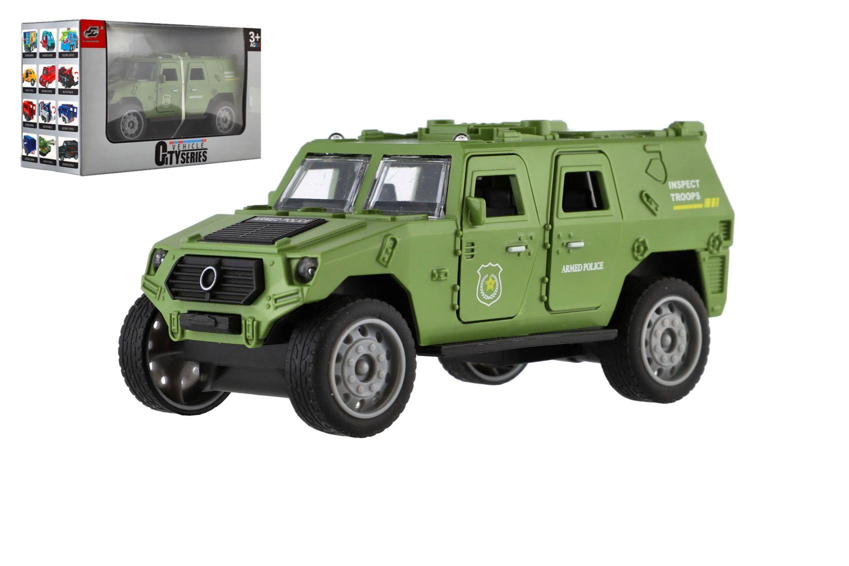 Vojenské plastové auto 13 cm na setrvačník v dárkové krabičce