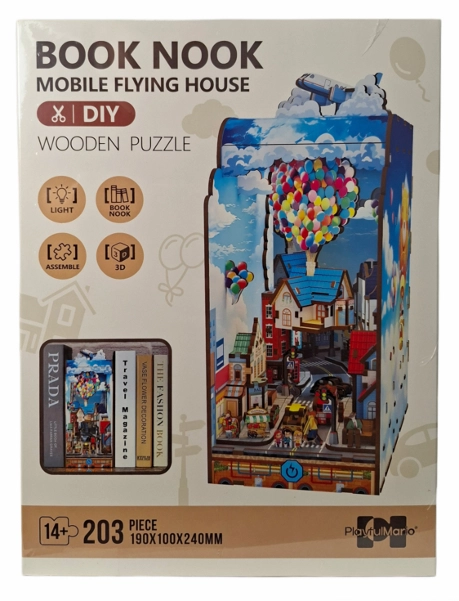 Levně Dřevěné 3D puzzle Book Nook – Létající dům s LED osvětlením