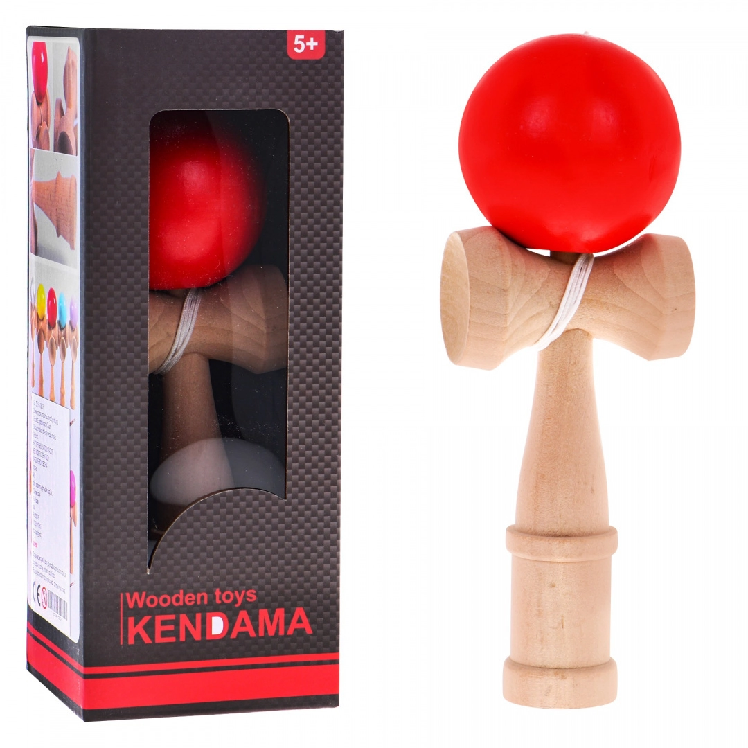 Dřevěná hračka Kendama s červenou koulí pro děti 3+ a dospělé