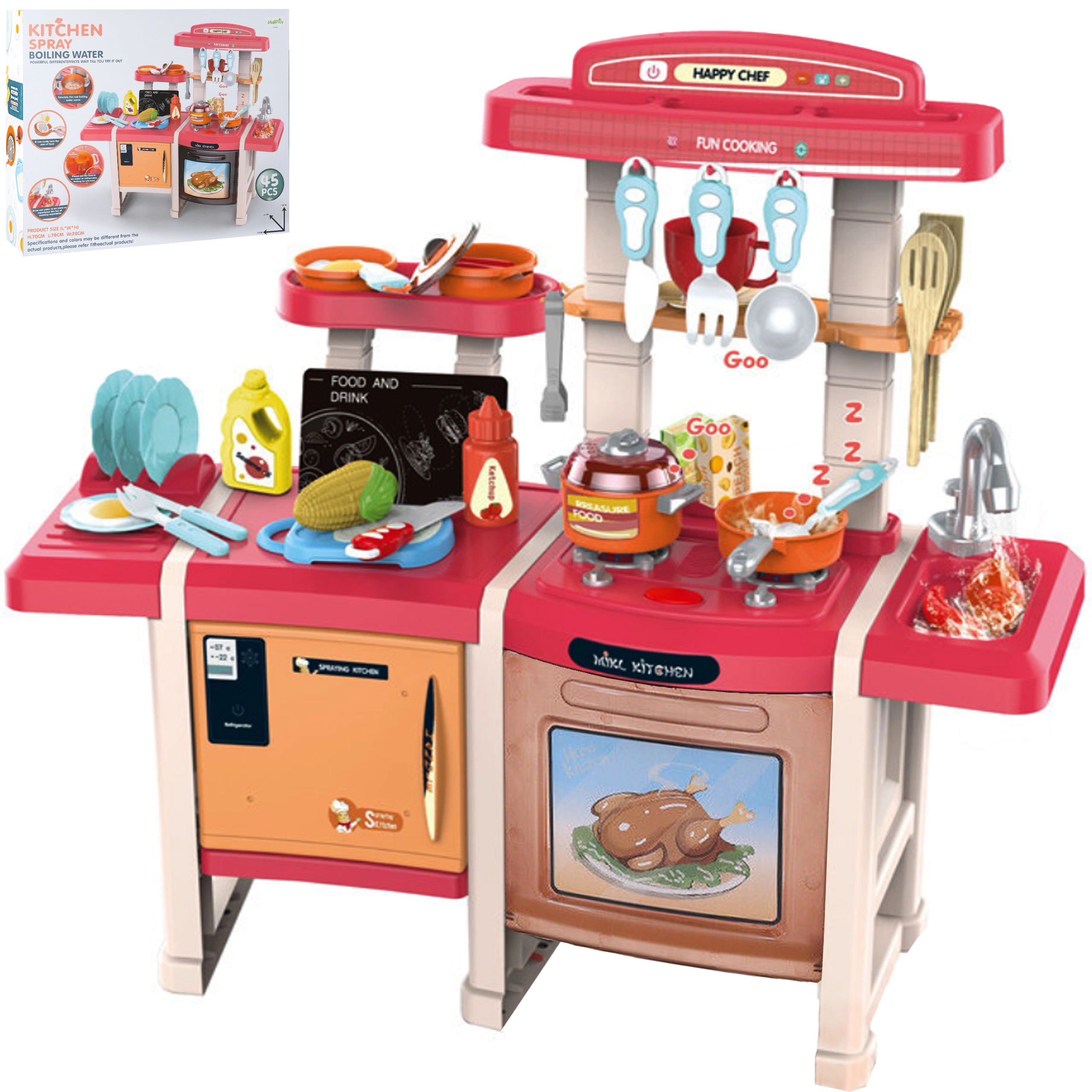 Dětská dvojitá kuchyňka červená 70 cm, 45 dílů