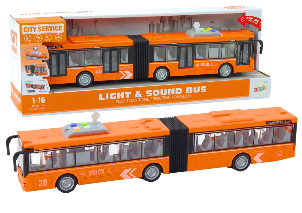 Levně LEAN Toys Kloubový městský autobus Pohon Světla Zvuky Pohon Oranžový 1:16