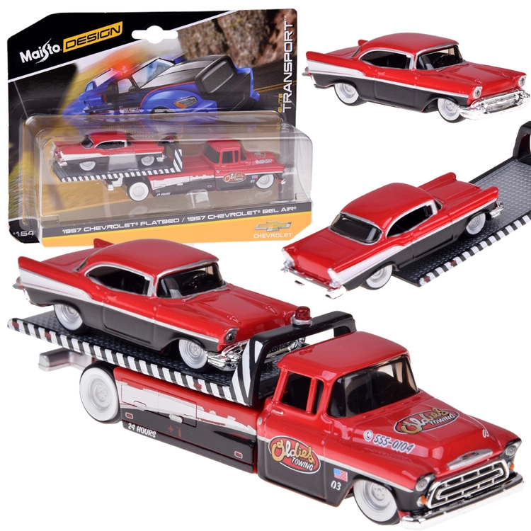 Maisto kovový set 1:64 – odtahový vůz CHEVROLET Flatbed 1957 a CHEVROLET Bel Air