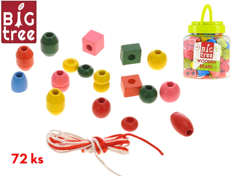 Korálky dřevo se šňůrkou 72ks v dóze