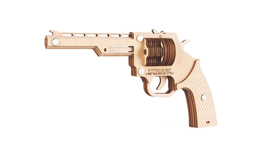 Levně Dřevěné 3D puzzle revolver na gumičky