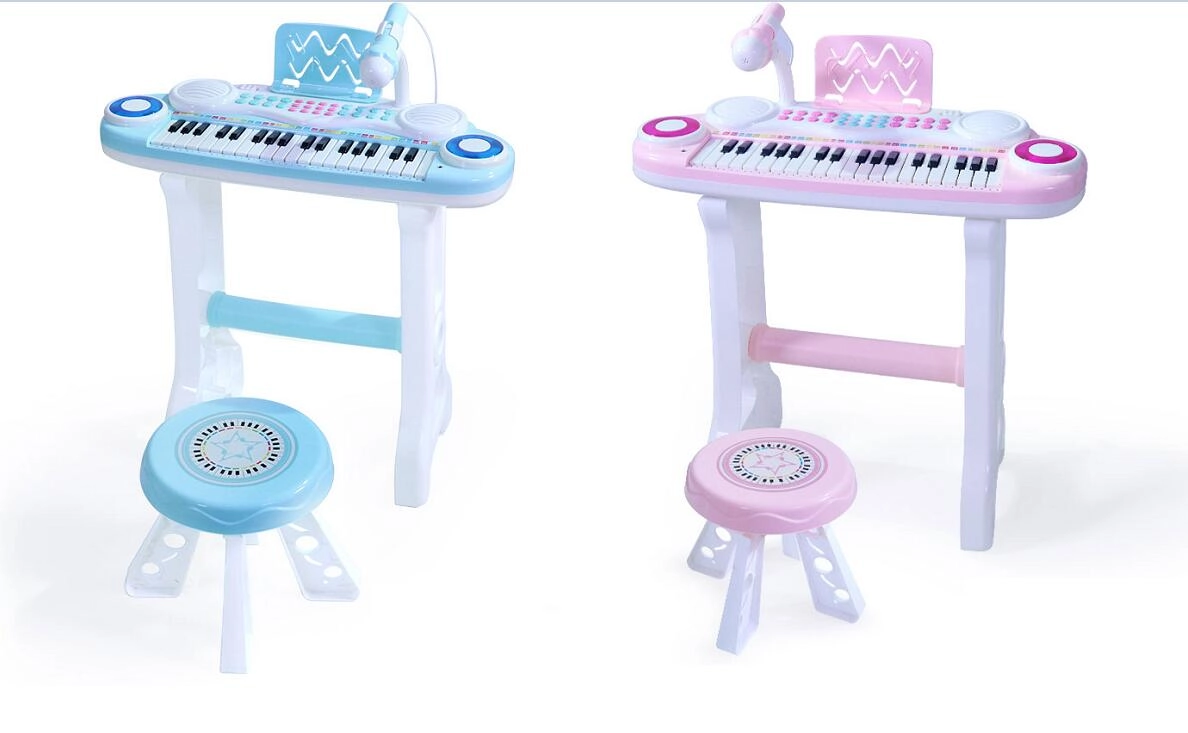 dětské elektronické piano s mikrofonem a stoličkou mp3, modré