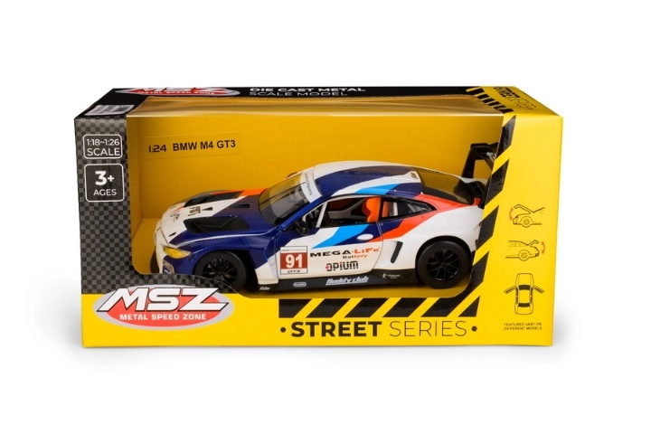 Model závodního vozu BMW M4 GT3 v měřítku 1:24 modro-bílý