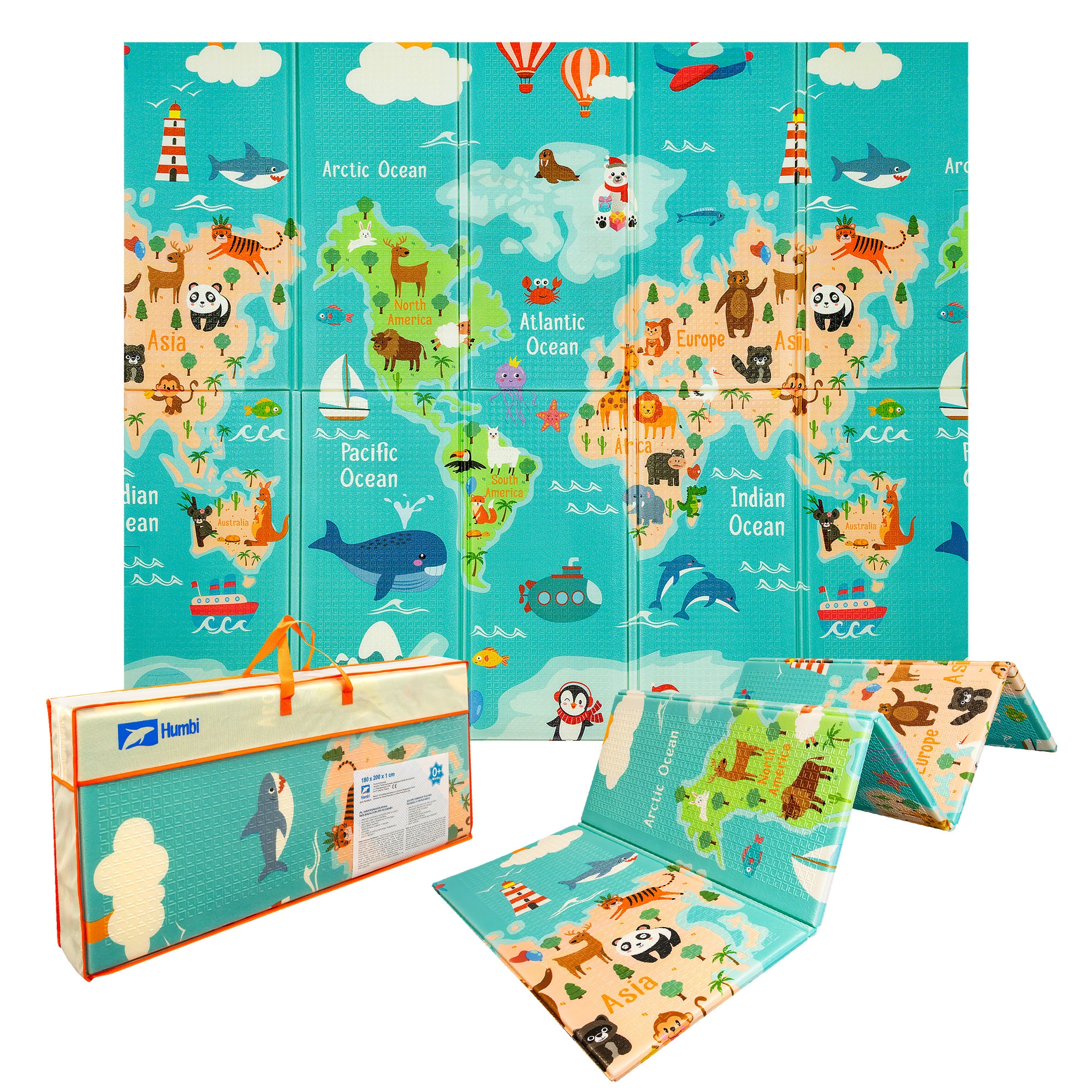 humbi oboustranná skládací pěnová podložka z XPE 200 × 180 × 1 cm mapa světa a ulice