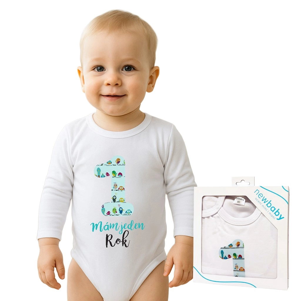 Kojenecké body s potiskem New Baby Mám jeden rok, dárkové balení