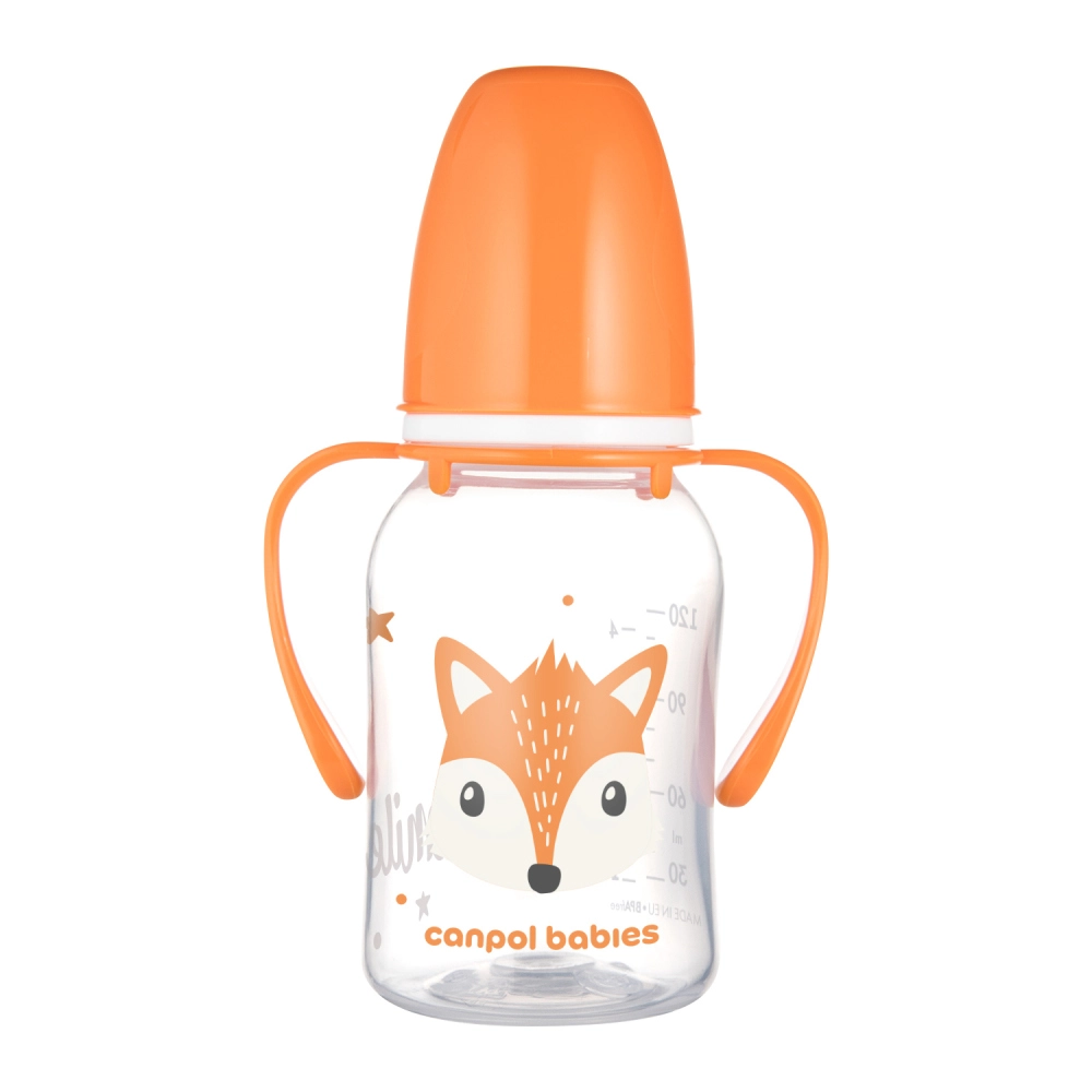 Canpol babies úzkohrdlá kojenecká lahev s úchyty CUTE ANIMALS 120 ml – liška