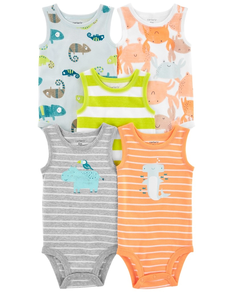 Carter’s kojenecká body bez rukávů Stripes Animals, 5 ks