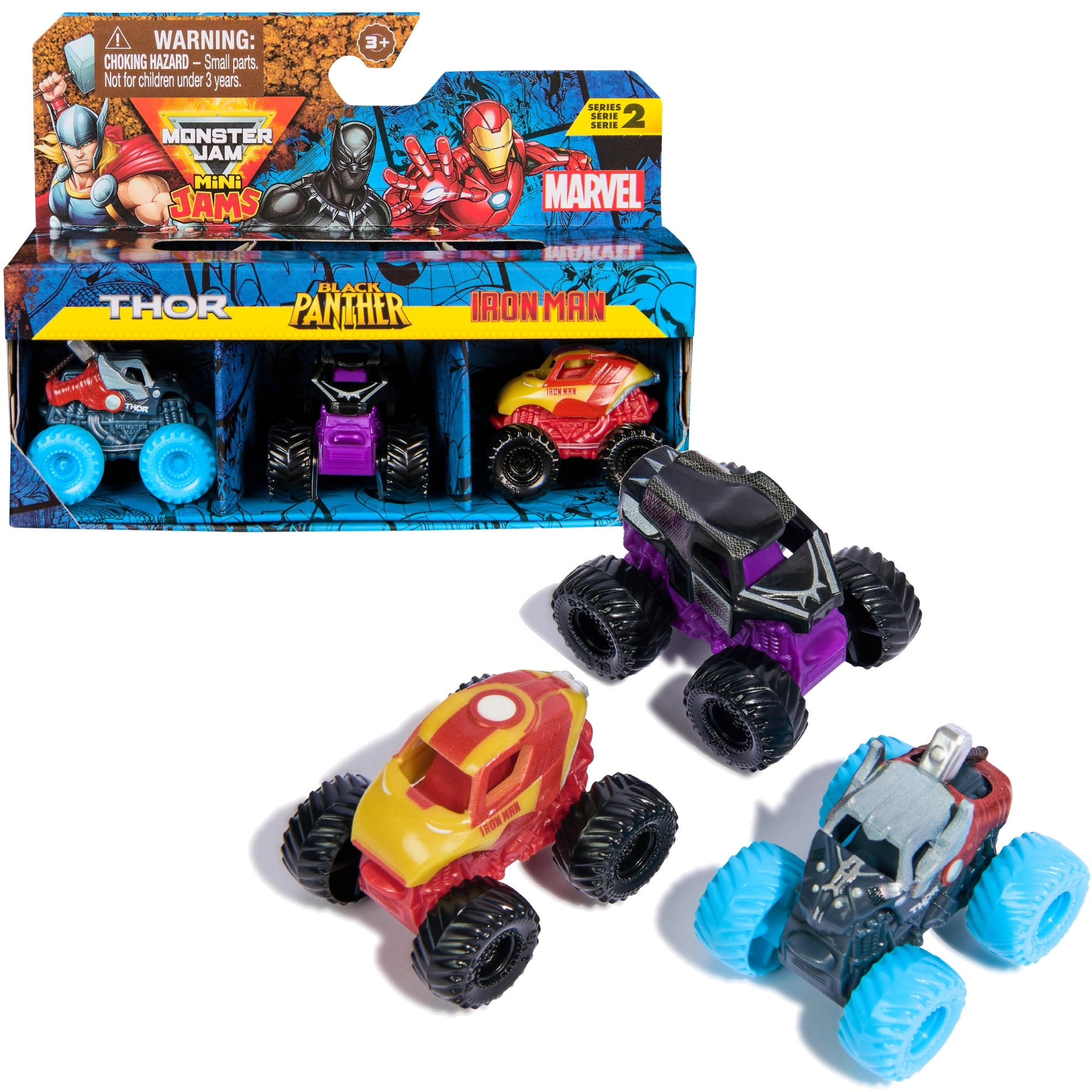 Sada monster trucků Mini Jams MARVEL Thor, Black Panther a Iron Man 1:87