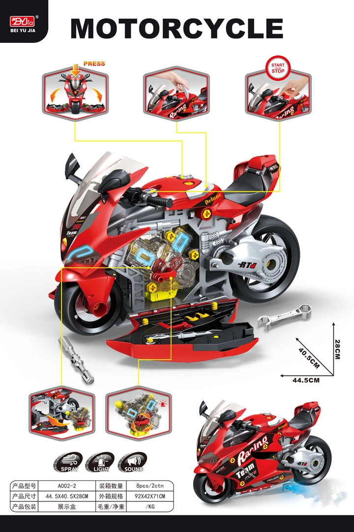 Sada malého mechanika – motocyklový dílenský set 2v1 se světly a zvuky