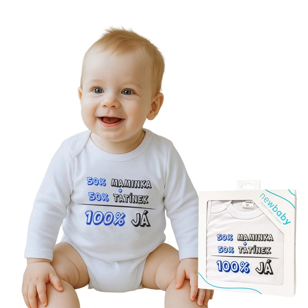 Body s potiskem New Baby 50 % maminka + 50 % tatínek – 100 % já, modré, dárkové balení
