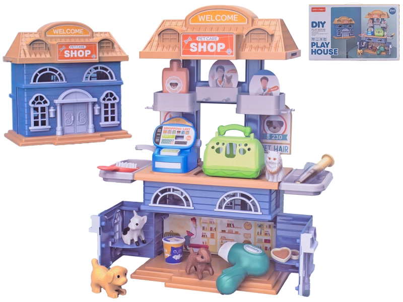 Zvířecí domeček a obchod 2v1 s doplňky, 33 ks